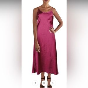 Magenta midi satin dress from line and dot with tie in back
